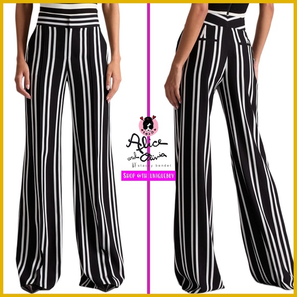 Alice + Olivia Pants - Alice + Olivia Dylan Black Off White Striped Wide Leg Pants